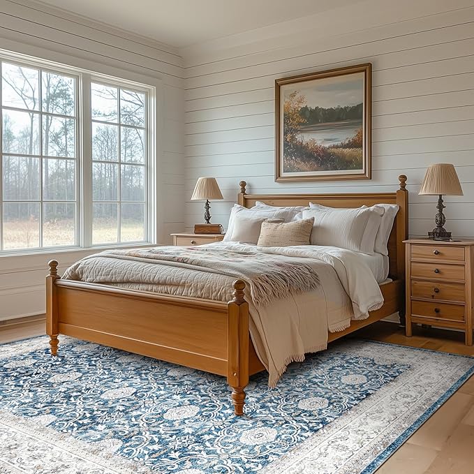 jinchan Floral 8x10 Area Rugs for Living Room Machine Washable Vintage Distressed Boho Design Throw Rug Stain Resistant Carpet Low-Pile Thin Non-Slip for Bedroom Dining Room Nursery (8‘x10',Dark Blue)-BubblyBeeBaby