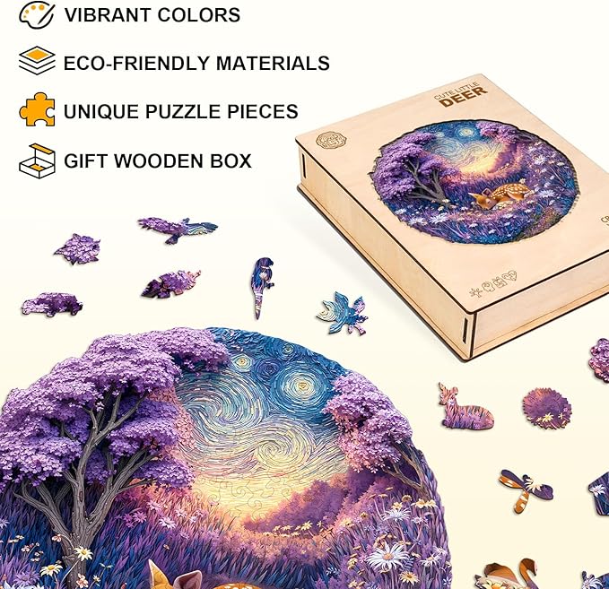 Jigfoxy Wooden Puzzles for Adults, Starry Night Fawn Wood Puzzles Adult, Unique Animal Shape Wooden Jigsaw Puzzles for Adults, Birthday Gifts for Puzzle Lovers, Family, Friend (S-8.5 * 8.5in-100pcs)-BubblyBeeBaby