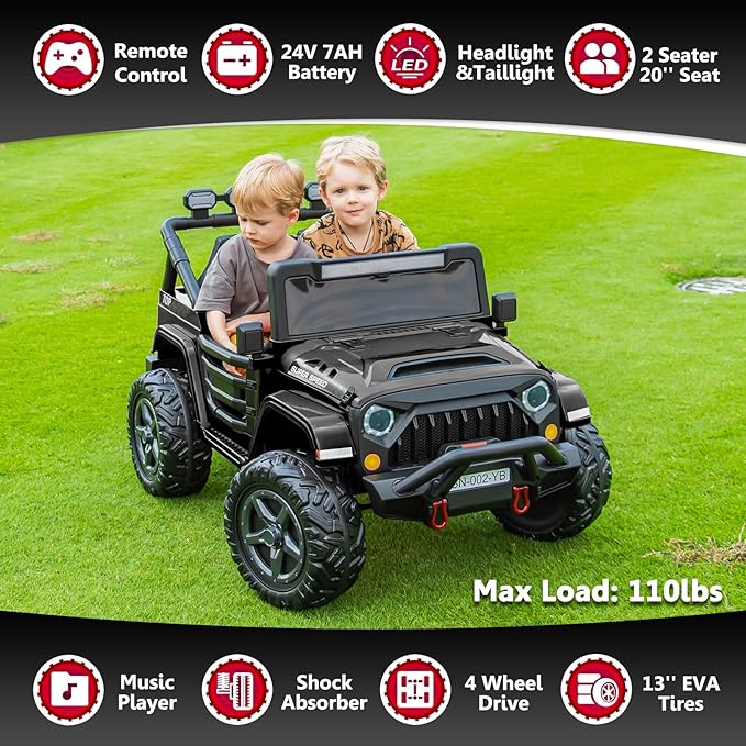 24V 2 Seater Ride On Truck with Remote Control 4WD Electric Car for Kids Ride On Car Battery Powered Ride On Toy Car with Music Player, LED Lights, Bluetooth, Rear Shock Absorber, Black-BubblyBeeBaby