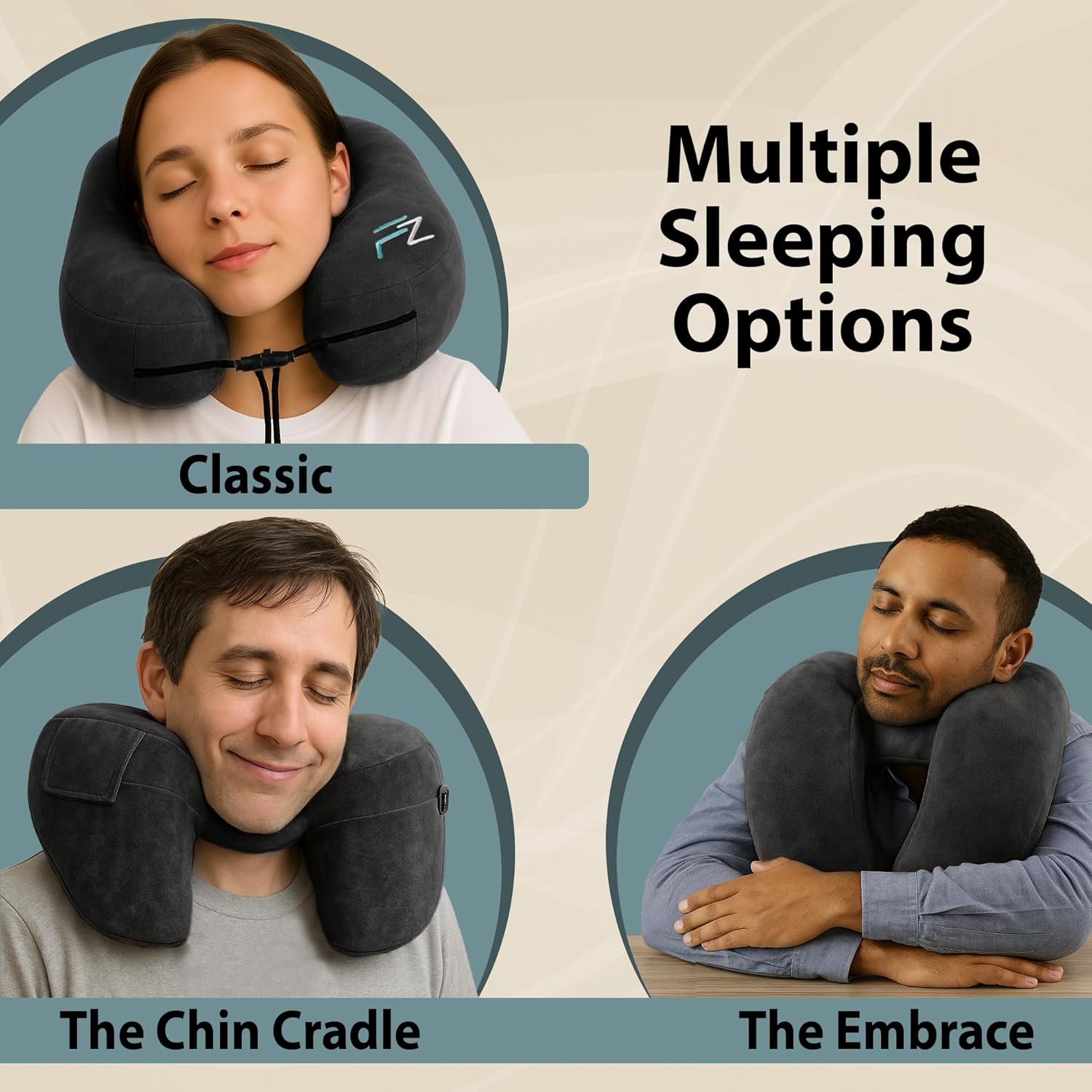 Air Inflatable Neck Pillow for Traveling on Plane - H-Shape Hooded Airplane Pillow with 5 Snooze Modes, Fast Inflation, Pressure Control, Cozy Clip-On Hood & Plushy Cover - Size L, Jet Black