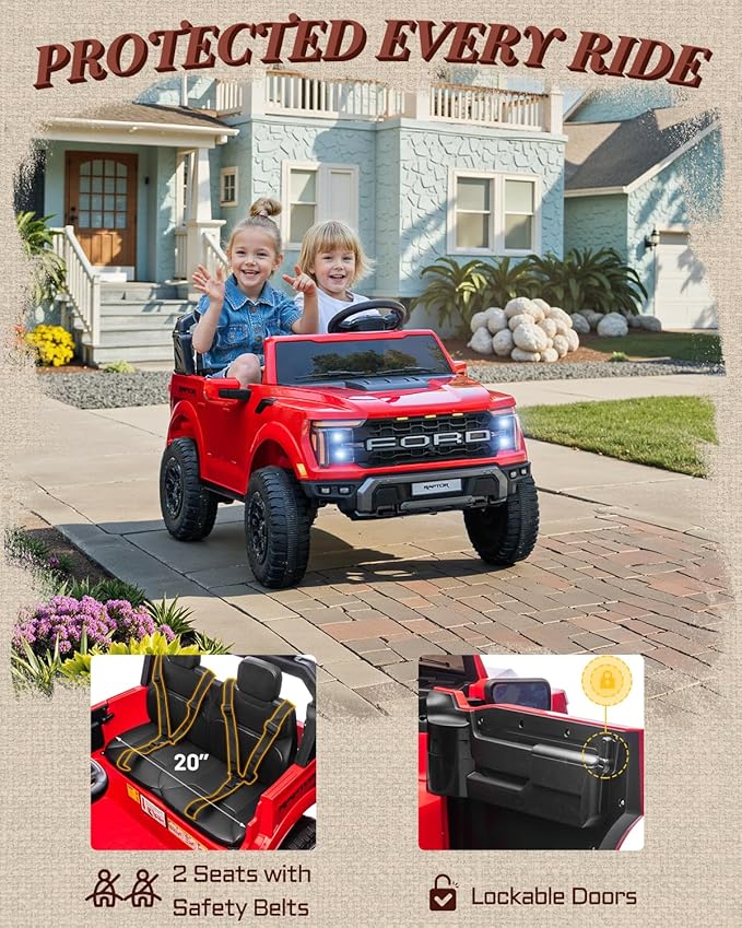 24V 2 Seater Ride on Toys for Kids, Licensed Ford F-150 Raptor Kids Electric Vehicles w/Remote Control, Power Pedal and Durable Wheels, LED Lights, Bluetooth, Truck Bed Storage (Red)-BubblyBeeBaby