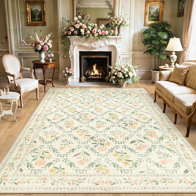 10x12 Area Rugs for Living Room: Floral Washable Rug Vintage Large Soft Boho Non-Slip Carpet Stain Resistant Low Pile Carpets for Bedroom Dining Room Farmhouse Nursery Hallway Home Office Beige/Multi-BubblyBeeBaby