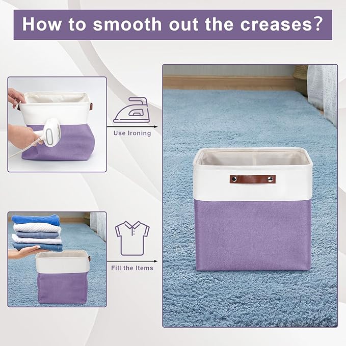 13x13 Cube Storage Bins, Collapsible Fabric Storage Box, 4 Pack Closet Baskets with Handles for Organizing, Shelf, Toys, Clothes, Home, Office, Nursery (Purple&White)-BubblyBeeBaby