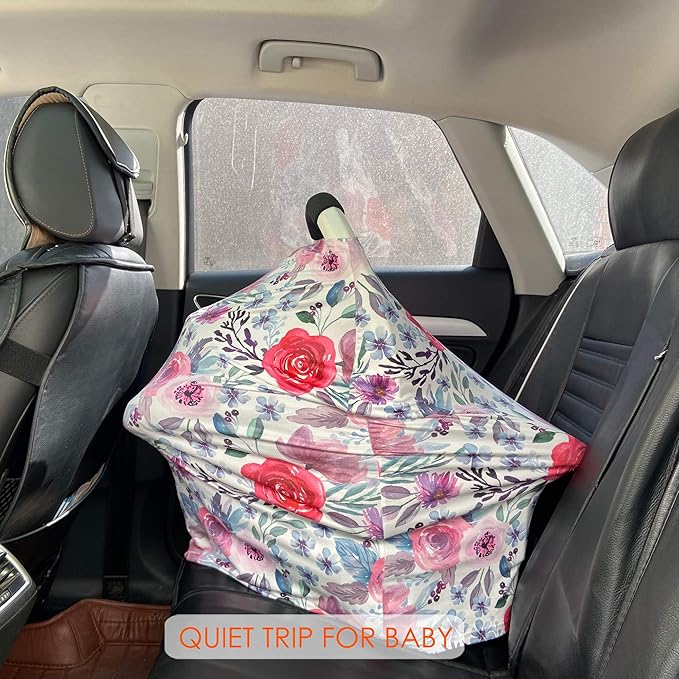 Multi-use Canopy Breastfeeding Cover - Car Seat Canopy for Babies, Stretchy Carseat Cover, Boys and Girls Shower Gift (Purple Flower)-BubblyBeeBaby
