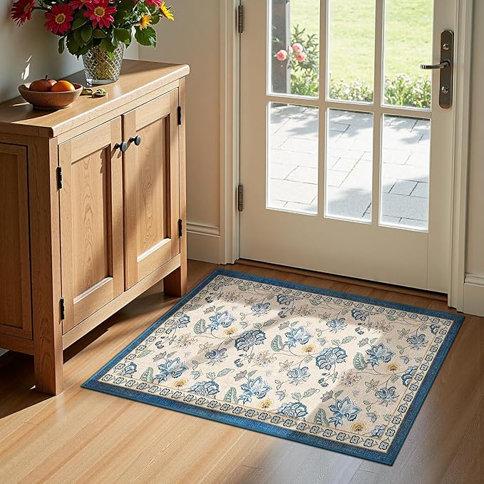 jinchan 2x3 Floral Rug for Entryway Washable Kitchen Rug Vintage Romance Design Small Mat Non Slip Indoor Doormat Lightweight Low-Profile Throw Carpet for Entrance Bathroom Laundry Room, Blue/Beige-BubblyBeeBaby