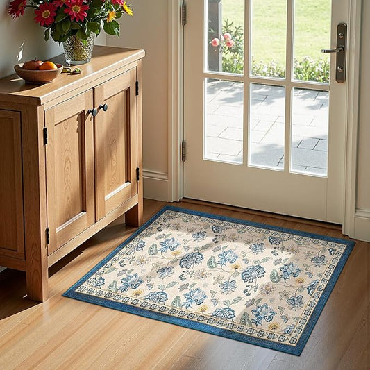 jinchan 2x3 Floral Rug for Entryway Washable Kitchen Rug Vintage Romance Design Small Mat Non Slip Indoor Doormat Lightweight Low-Profile Throw Carpet for Entrance Bathroom Laundry Room, Blue/Beige-BubblyBeeBaby