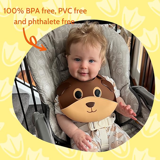 Silly Goose Set of 2 Silicone Animal Baby Bibs for Babies and Toddlers, Waterproof, Adjustable, Soft, Extra Wide Food Catcher Pocket (2PK Panda+Bear)-BubblyBeeBaby