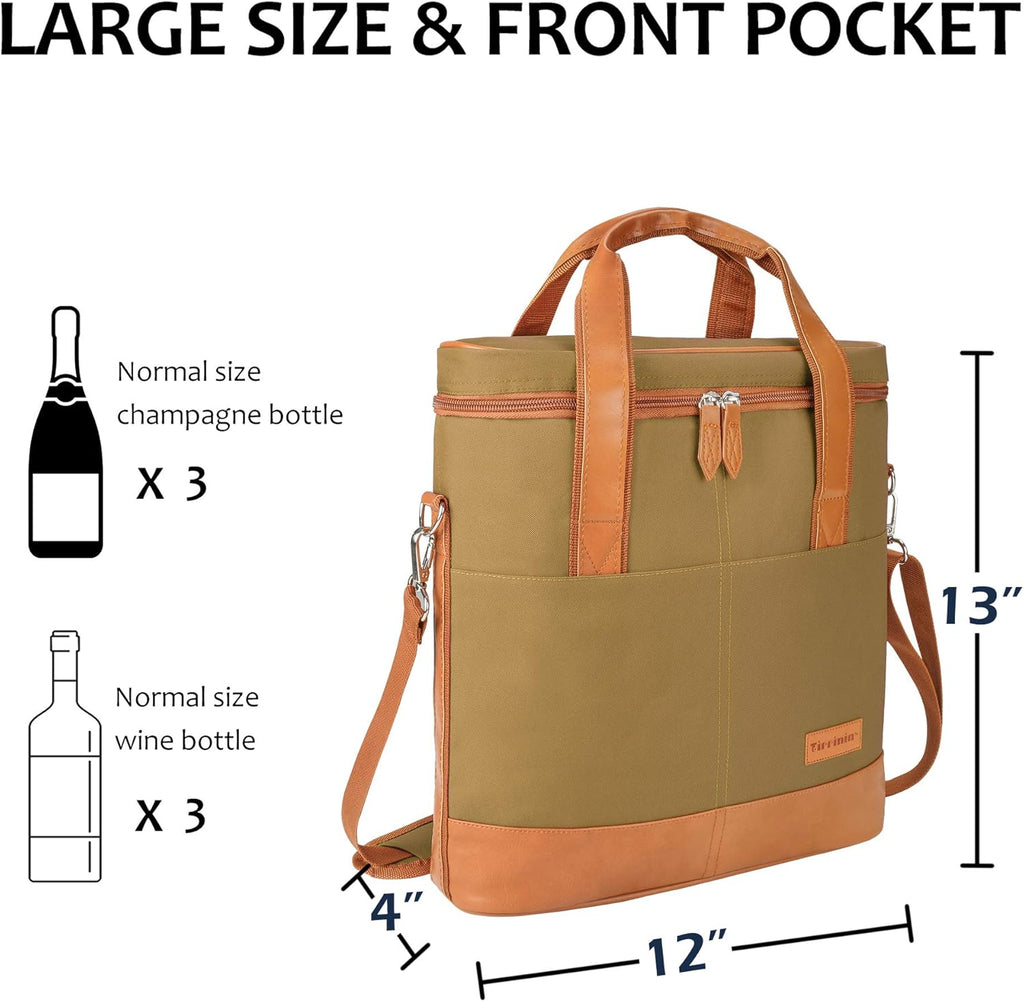 Tirrinia Insulated Wine Gift carrier - 3 Bottle Travel Padded Wine Carry Cooler Tote Bag with Handle and Adjustable Shoulder Strap, Khaki
