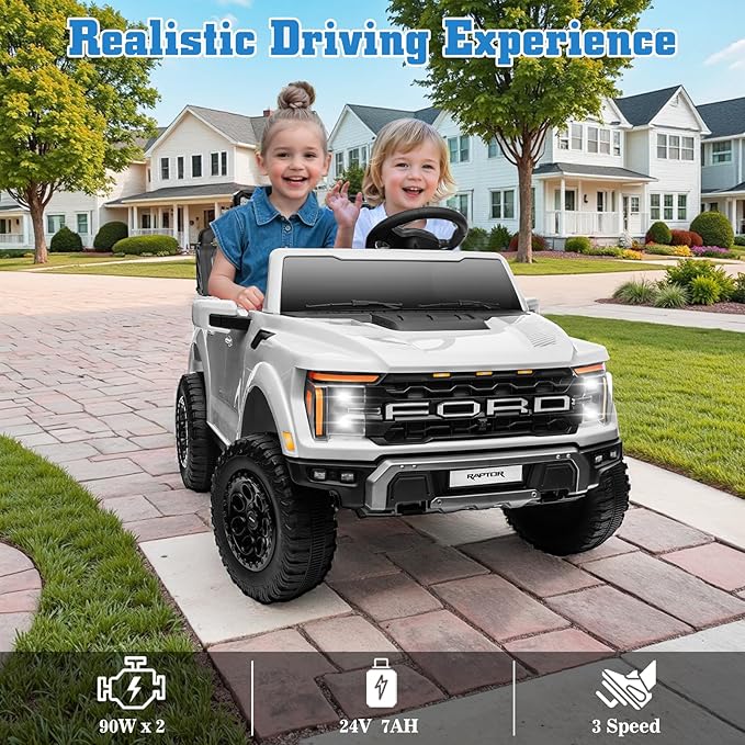 24V Ride on Car Licensed Ford F-150 Raptor, Kids Electric Car with Remote Control, LED Light/Music/MP3, Truck Bed Storage, 3-Point Seat Belt (24V, White)-BubblyBeeBaby