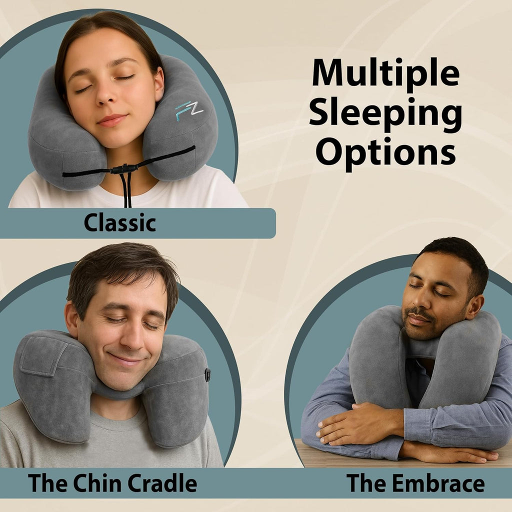 Air Inflatable Neck Pillow for Traveling on Plane - H-Shape Hooded Travel Pillow with 5 Snooze Modes, Fast Inflation, Pressure Control, Cozy Clip-On Hood & Plushy Cover - Size L, Silver Gray