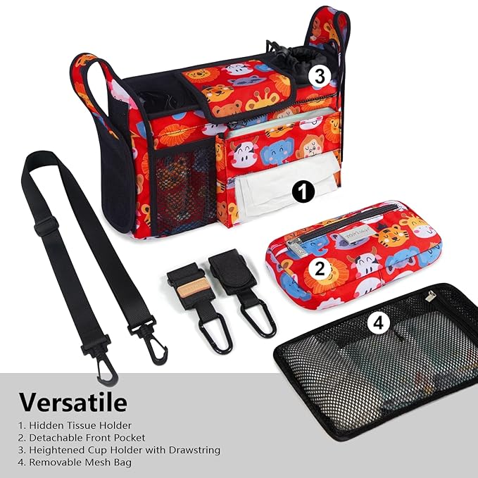 TOPDesign Universal Baby Stroller Organizer, Stroller Caddy with Detachable Mesh Bag & Heightened Insulated Cup Holders & Non-Slip Secure Hooks Accessories, Fits Most Strollers (Zoo 3)-BubblyBeeBaby