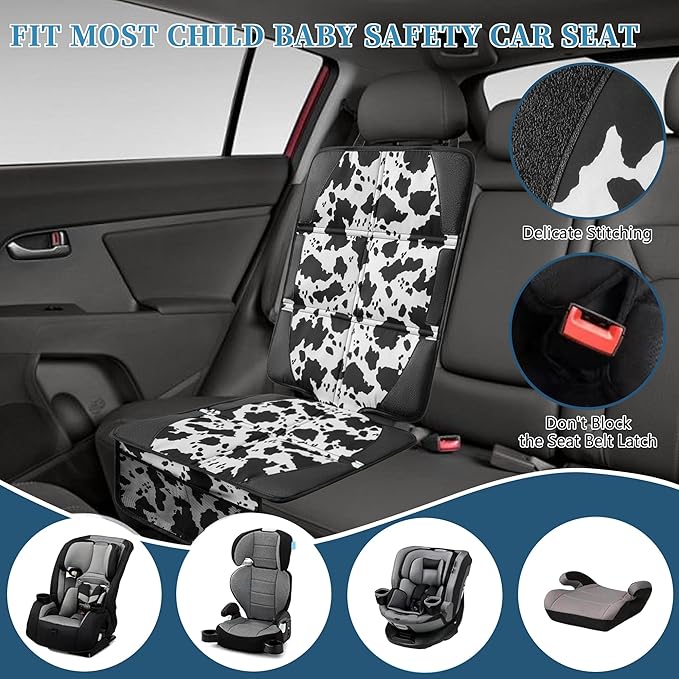 Car Seat Protector for Child Car Seat, 2 Pack Baby Car Seat Covers with Mesh Pockets & Non-Slip Backing 600D Durable Seat Protector Under Baby Car Seat for Car Back Seat (Cow Print, Large)-BubblyBeeBaby