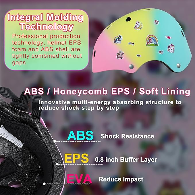 Kids Bike Helmet with DIY Stickers and Knee Pads Elbow Pads Wrist Guard Set for Ages 3-8-14 Toddler Boys Girls Helmet for Roller Skates Cycling Skateboarding Bicycle Scooter-BubblyBeeBaby