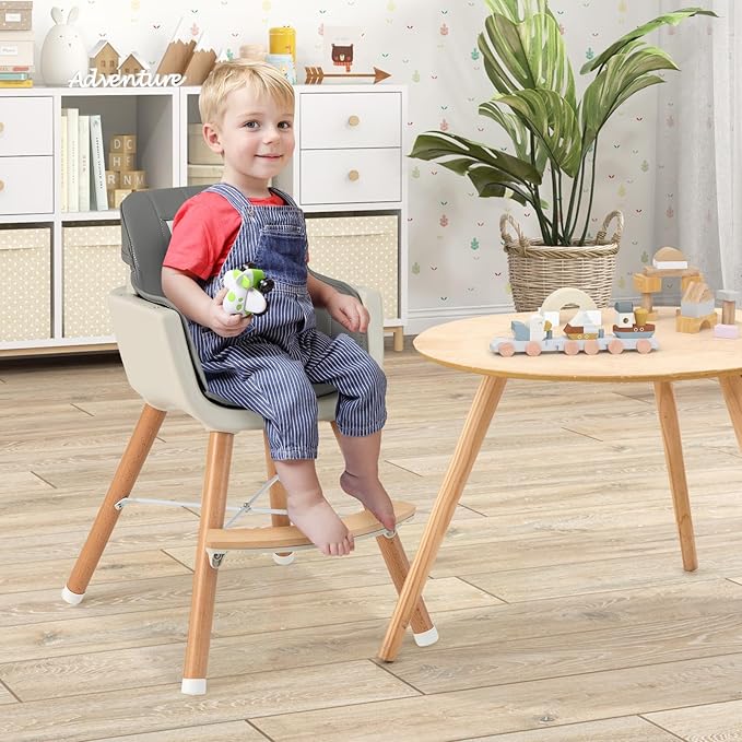 HONEY JOY Baby High Chair, 6-in-1 Eat & Grow Wooden Highchair/Toddler Chair with Removable Tray, 5-Point Harness, PU Cushion and Footrest, Convertible High Chair for Babies and Toddlers(Dark Gray)-BubblyBeeBaby