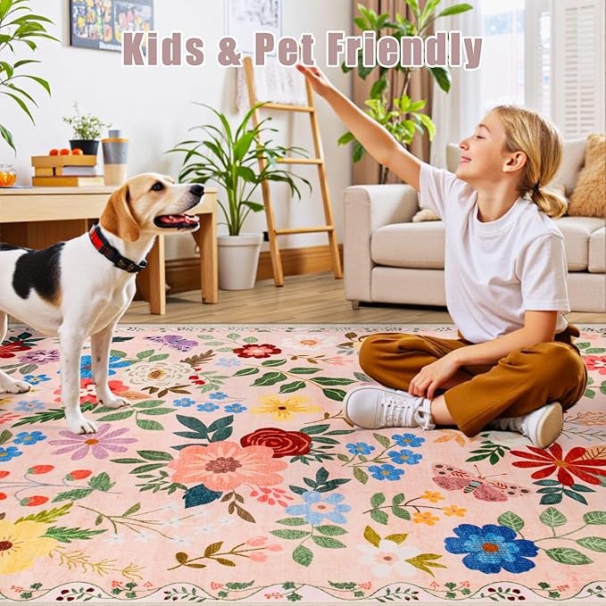 10x12 Area Rugs for Living Room: Floral Washable Rug Vintage Large Soft Boho Non-Slip Carpet Stain Resistant Low Pile Carpets for Bedroom Dining Room Farmhouse Nursery Hallway Home Office Beige-BubblyBeeBaby