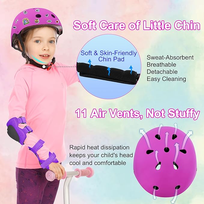 Kids Bike Helmet with DIY Stickers and Knee Pads Elbow Pads Wrist Guard Set for Ages 3-8-14 Toddler Boys Girls Helmet for Roller Skates Cycling Skateboarding Bicycle Scooter-BubblyBeeBaby