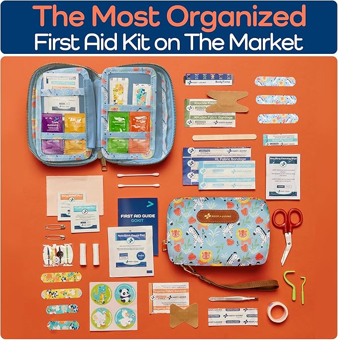 KeepGoing Travel First Aid Kit for Kids – 130 Pc. for Car, Home, Purse, Diaper Bag & Backpack with Latex-Free Bandages - Mini First Aid Kit Travel Size TSA-Approved-BubblyBeeBaby