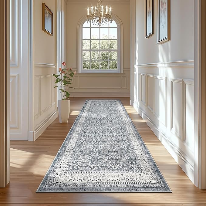 jinchan Hallway Runner Rug 2x10 - Machine Washable Grey Vintage Floral Distressed Design Soft Non-Slip Low-Pile Ultra-Thin Runner Rug for Kitchen Laundry Room Bedroom Farmhouse (2‘x10',Grey)-BubblyBeeBaby
