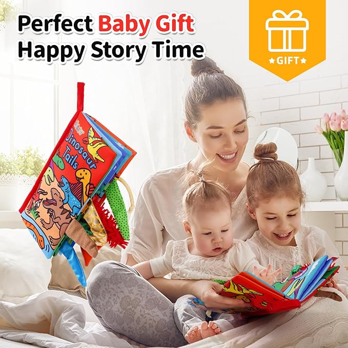 Jollybaby Baby Books 0-6 Months, Touch and Feel Crinkle Soft Cloth Books for Infants Babies, Toddler Early Educational Interactive Stroller Sensory Toys, Baby Girl & Boy Gift(Dinosaur Tails)-BubblyBeeBaby