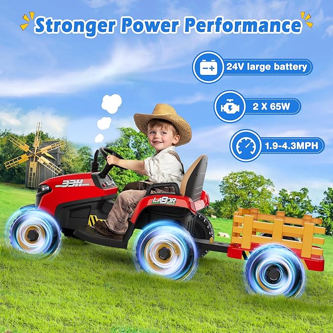24V Ride On Tractor w/Tiltable & Detachable Trailer, 2x65W Motors, EVA Tires, Remote Control, Bluetooth, Shifter, Music, Electric Car for Kids Ages 2-5, Red-BubblyBeeBaby