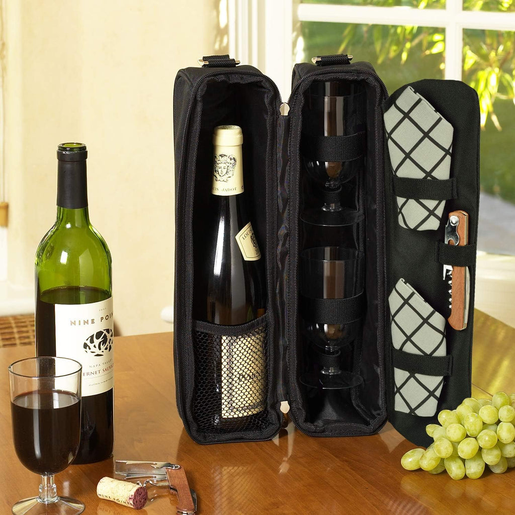 Picnic at Ascot Insulated Wine Tote with 2 Wine Glasses, Napkins and Corkscrew -Designed & Assembled in the USA