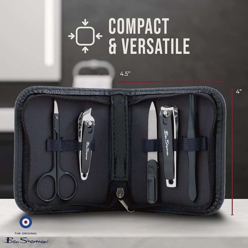 Ben Sherman Nail Clippers for Men Travel Size Nail Clipper Set, 5 Pcs Mens Nail Grooming Kit includes Nail Clippers, Scissors, Tweezers and Leather Traveling Case