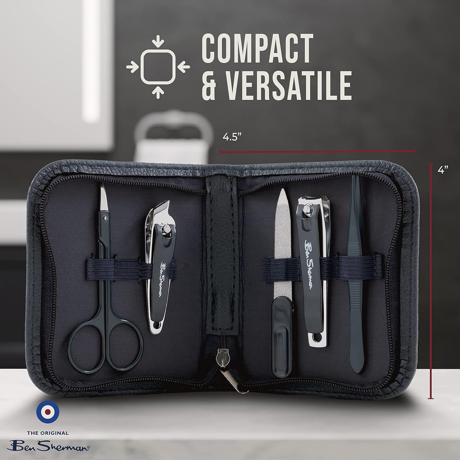 Ben Sherman Nail Clippers for Men Travel Size Nail Clipper Set, 5 Pcs Mens Nail Grooming Kit includes Nail Clippers, Scissors, Tweezers and Leather Traveling Case