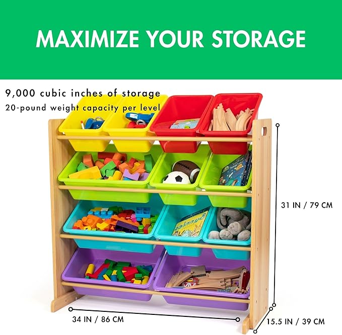 Humble Crew Kids Toy Storage Organizer with 12 Plastic Bins, Natural Wood/Rainbow – Removable Bins for Playroom, Bedroom, Toddler Furniture for Boys and Girls Ages-BubblyBeeBaby