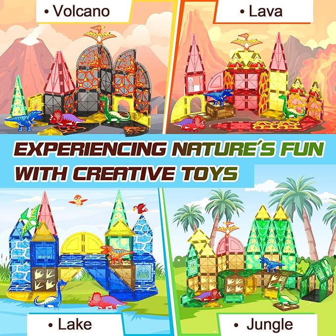 102PCS Dinosaur Toys Magnetic Tiles with 8 Dinosaurs - Jurassic Scenes Dinosaur World Adventure Set, Magnetic Blocks Kids Toys for Boys & Girls Ages 3+, Sensory Toddler Creative Kids Games Gifts-BubblyBeeBaby
