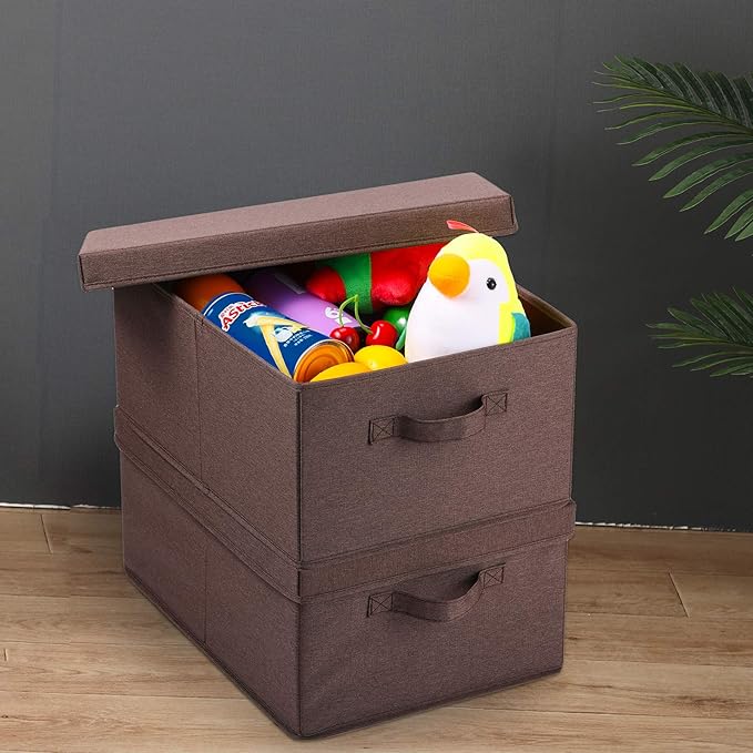 HOONEX Linen Foldable Storage Bins with Lids, 2 Pack, Storage Boxes with Carrying Handles and Sturdy Heavy Cardboard, 16.5" L x 11.8" W x 7.5" H for Shoes, Clothes, Brown-BubblyBeeBaby