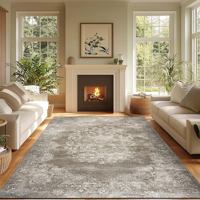 jinchan Washable Area Rug 6x9 for Living Room - Soft Faux Wool Ultra-Thin Stain Resistant Non-Slip Distressed Vintage Floral Large Carpet for Bedroom,Dining Room,Home Office,Nursery(Brown, 6'x9')-BubblyBeeBaby