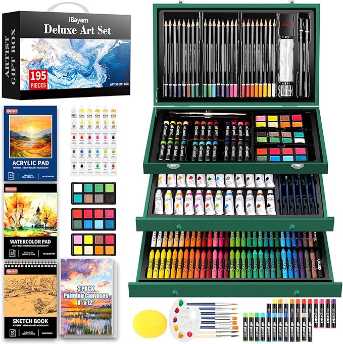 iBayam Art Kit for Kids Teens Teenage Adult, 195-Pack Drawing Coloring Sketching Art Supplies Set for Cards Rocks Eggs Canvas Ceramic Wood Anime, with Canvases, Sketchbooks, Watercolor & Acrylic Pads-BubblyBeeBaby