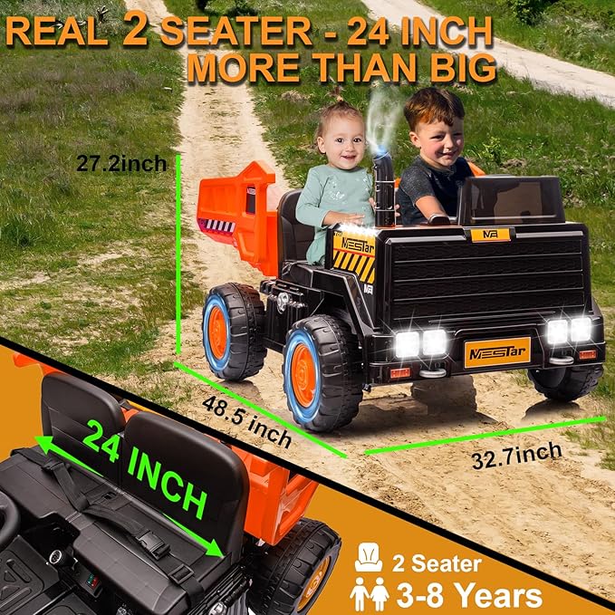 24V Ride On Dump Truck, 24inch-2 Seater Ride On Car for Kids w/Remote Control 4WD/2WD Up to 5 Mph, 24v Ride on Toys for Big Kids w/Electric Dump Bed Extra Shovel Traffic Cones (Orange)-BubblyBeeBaby