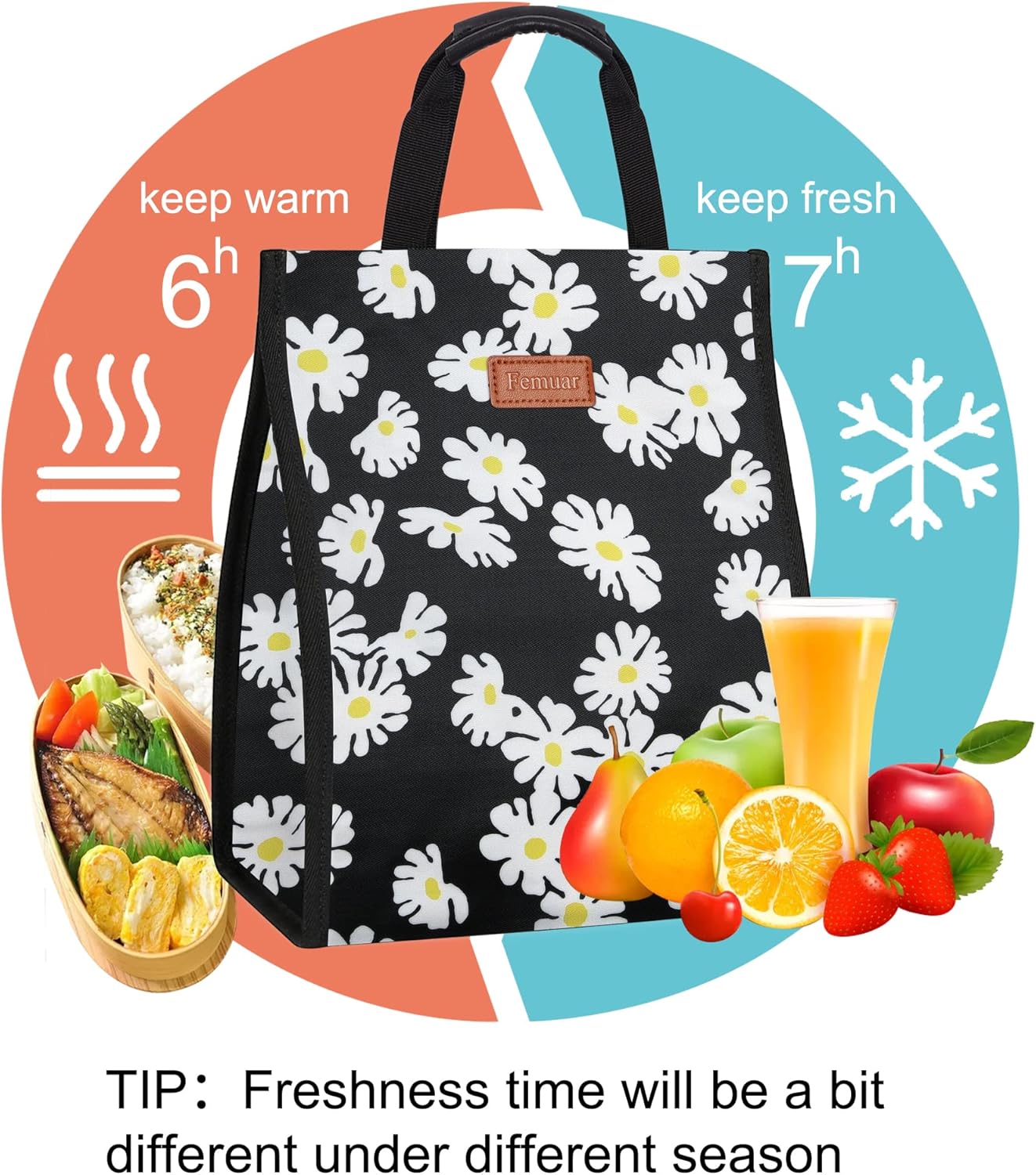 Lunch Bags for Women Insulated Reusable Lunch Tote with Internal Pocket, Lunch Tote bag for Work（Daisy）
