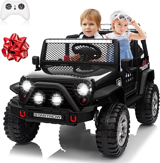 24V 4WD Ride on Truck Car w/800W Motors, Gift Flower, Remote Control, 2 Seaters, Light Bar, 3 Speeds, Pop Music, Power Four Wheels, 24 Volt Ride on Toy Car for Big Kids, Black-BubblyBeeBaby