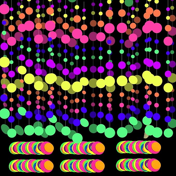 108ft UV Round Dot Neon Paper Streamers - Glow in The Dark Party Favors & Decorations for Wedding & Birthday Parties-BubblyBeeBaby