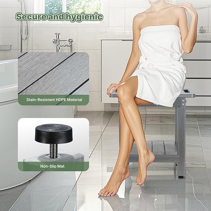 HDPE Shower Bench Seat Capacity 300LB, Waterproof Bathroom Stool with Side Carry Holes, Compact 16.8" L Design, Non-Slip Shower Seat for Elderly, Shaving Legs & Spa - Indoor/Outdoor Use (Gray)-BubblyBeeBaby