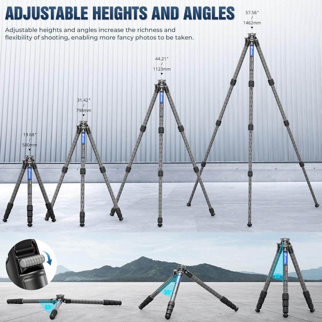 LEOFOTO LS-284CEXX Carbon Fiber Tripod with Leveling Base for Camera, 360° Portable Tripod with 3/8" Screw for Sport Camera/Phone Holder/Projector, A Bubble Level, Folded Length 21.06", Max Load 22LB