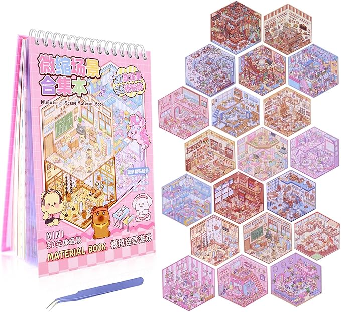 20 Sets DIY 3D Sticker Scenes for Adults with Tweezer, Kawaii 3D House Miniature Sticker Therapy, Make Your Own Mini Room Scene Collection Book for Adult Kids Relief Stress Pass The Time-BubblyBeeBaby