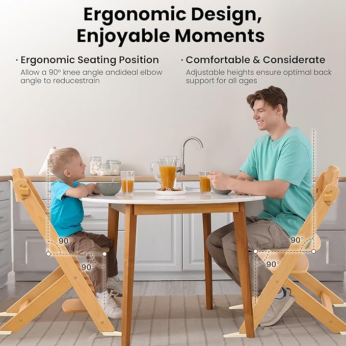 High Chair for Babies and Toddlers, Wooden Highchair with Adjustable Seat & Convertible Footrest Heights, Baby Feeding Chair with Safety Harness & Removable Double Layer Tray-BubblyBeeBaby