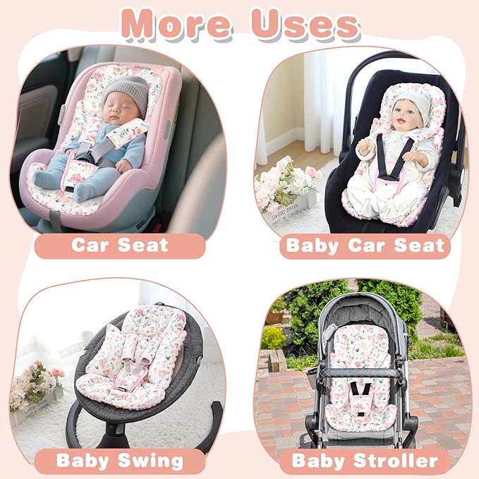 3-in-1 Infant Car Seat Insert, Soft Head and Body Support,Ultra & Strap Covers Set, Reversible Newborn Car Seat Cushion Pad for Baby Boy & Girl fits Stroller, Swing, Bouncer (Pink Bow)-BubblyBeeBaby