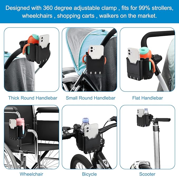Accmor Stroller Cup Holder with Phone Holder, Universal Cup Holder, Bike Cup Holder, 360° Rotatable Large Caliber Drinks Holder for Stroller, Bike, Wheelchair, Walker-BubblyBeeBaby