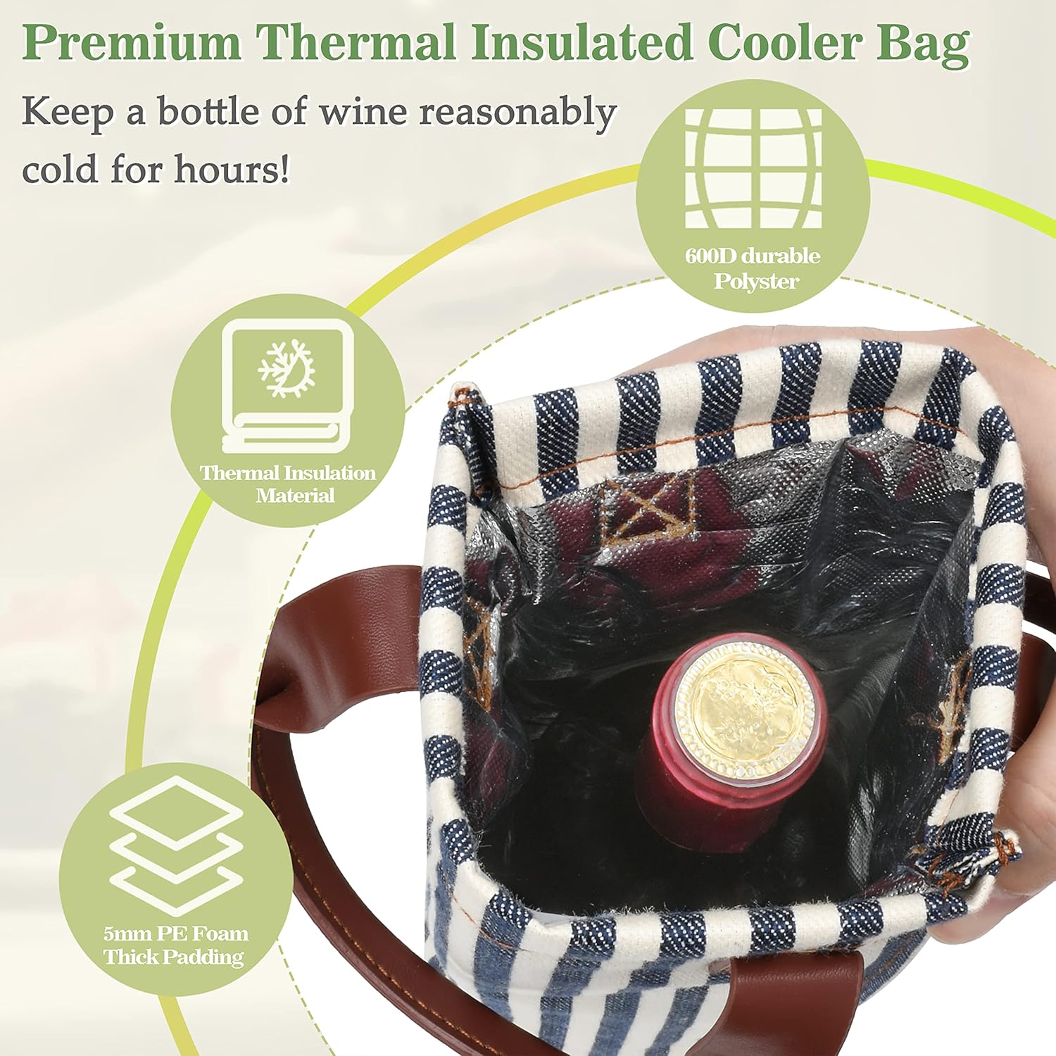 Tirrinia Single Wine Gift Tote Bag, Insulated Padded Thermal Wine Bottle Carrying Cooler Carrier for Travel, Picnic, Great Gift for Wine Lover, Blue Stripe