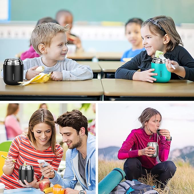 Insulated Food Container 17 oz Soup Thermo for Hot Food Kids Adults, Stainless Steel Vacuum Lunch Box with Folding Spoon, Adult Kids Thermo Portable with Handle for School, Office, Outdoor-BubblyBeeBaby