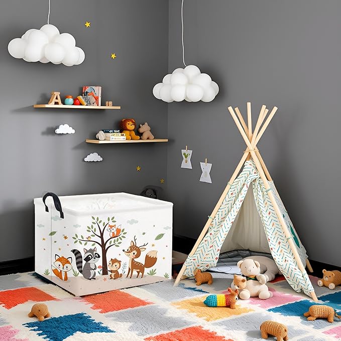 HIYAGON Rectangular Woodland Animal Basket Kids Baby Storage Basket Storage Bin Organizer Box Animal Room Decor(Spring Animal)-BubblyBeeBaby