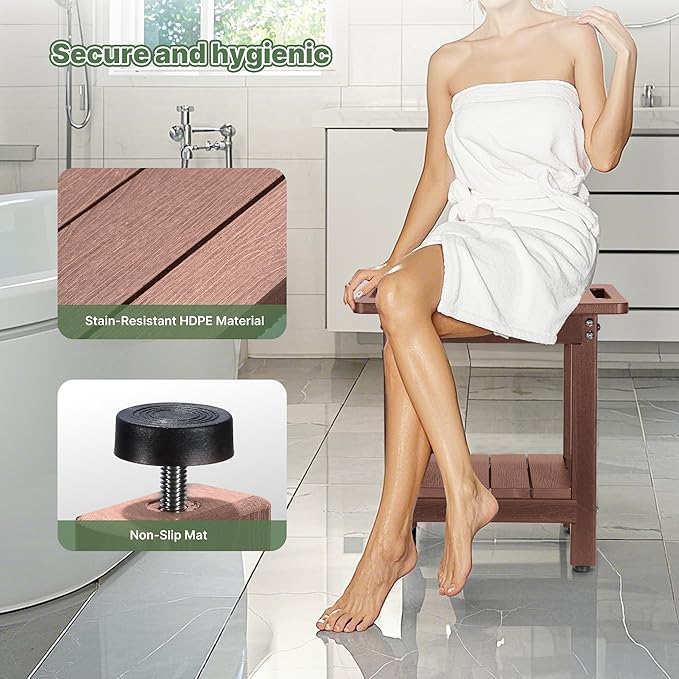HDPE Shower Bench Seat Capacity 300LB, Waterproof Bathroom Stool with Side Carry Holes, Compact 16.8" L Design, Non-Slip Shower Seat for Elderly, Shaving Legs & Spa - Indoor/Outdoor Use(Brown)-BubblyBeeBaby
