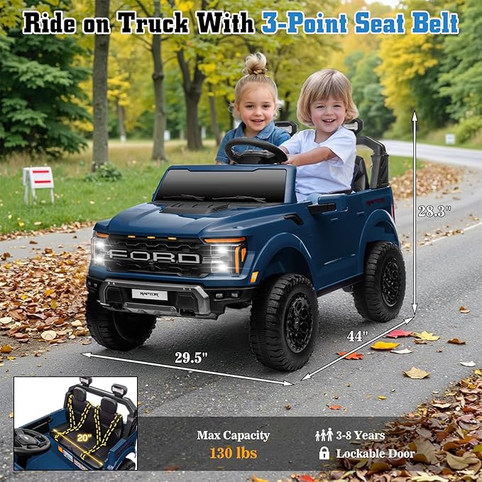 24V Ride on Car Licensed Ford F-150 Raptor, Kids Electric Car with Remote Control, LED Light/Music/MP3, Truck Bed Storage, 3-Point Seat Belt (24V, Blue)-BubblyBeeBaby