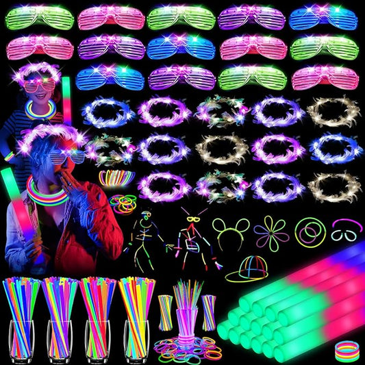 142 PCS Glow in the Dark Party Supplies, 14PCS Foam Glow Sticks, 14PCS Light Up Headband,14PCS LED Glasses and 100PCS Glow Sticks Bracelets,for Glow Party, New Year, Wedding, Concert, Birthday-BubblyBeeBaby