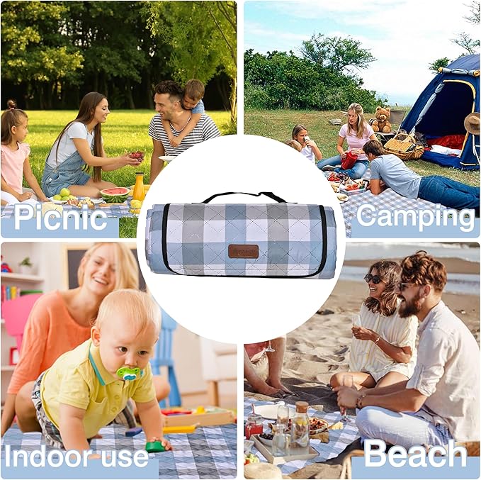 HX&OD Outdoor Picnic Blanket, Extra Large, 80''x80'' Waterproof Foldable Blankets Gingham Picnic Mat for Beach, Camping Grass Lawn Park Accessories Cute Couple Ideas Wedding (Coffee Color, 80”x80”)-BubblyBeeBaby