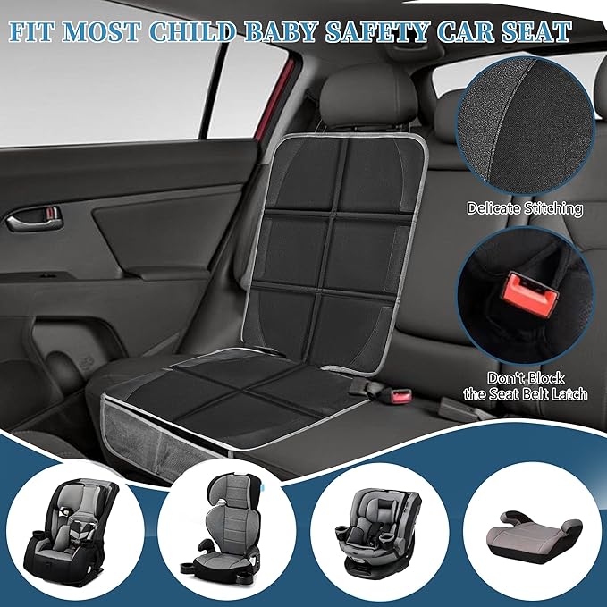 Car Seat Protector 2 Pack Baby Car Seat Covers with Mesh Pockets & Non-Slip Backing 600D Durable Seat Protector Under Baby Car Seat (Black & Gray, Large)-BubblyBeeBaby